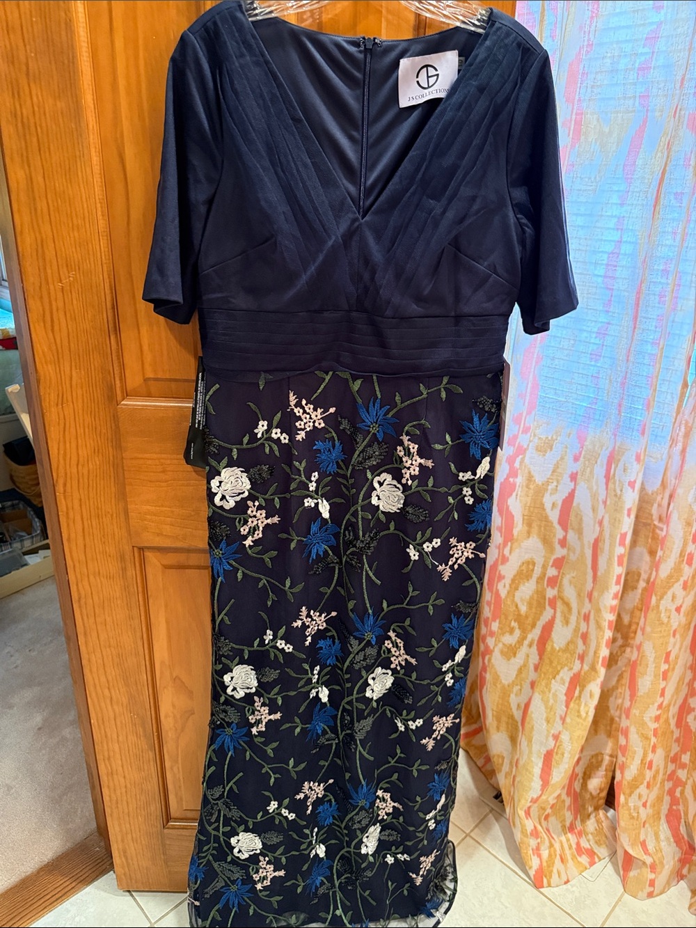 JS Collections Navy Blue Embroidered Floral Maxi Dress